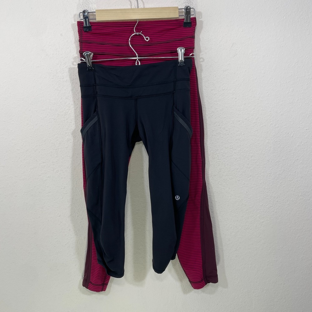 Lululemon Womens Size‎ 4 LOT OF  2 Leggings Black and Striped Pink TINY STAINS!